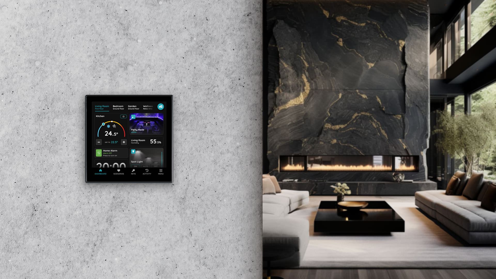 PIERRE RIO 4-inch compact wall display in a dark stone-clad living room with fireplace