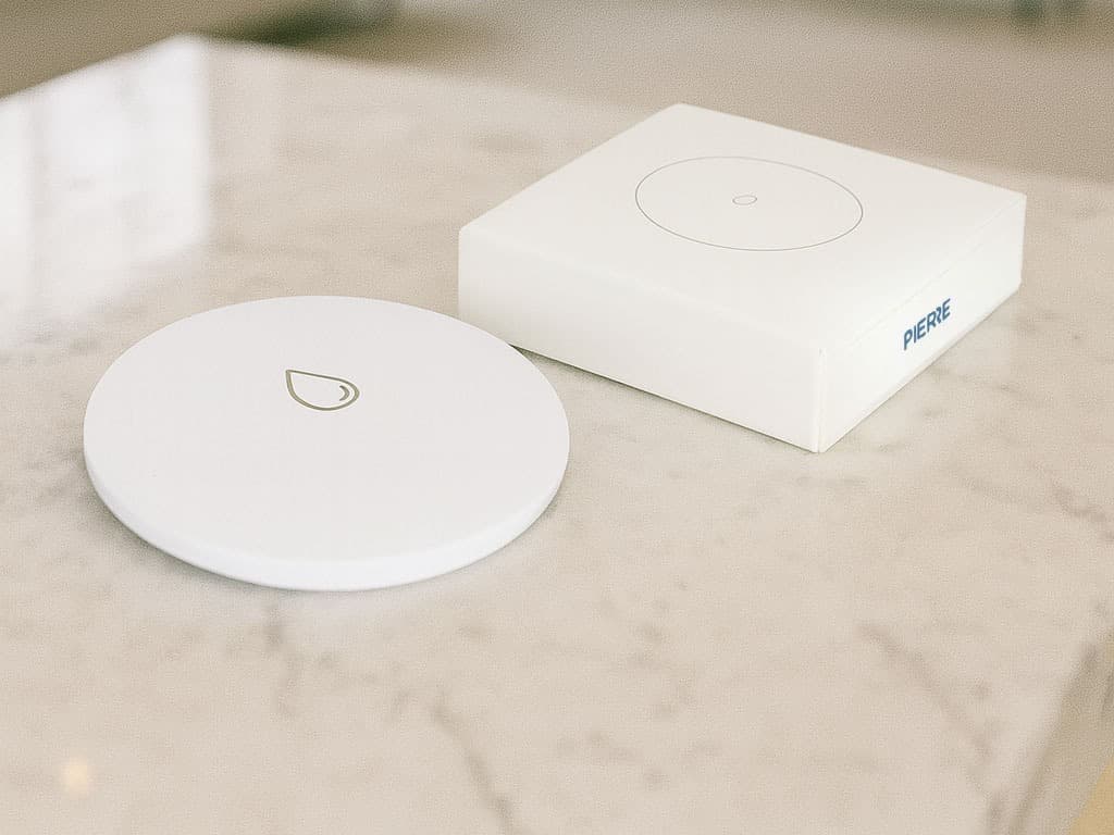 PIERRE Flood Sensor with packaging on a marble surface